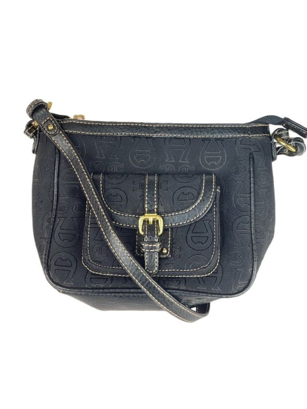 Vintage Etienne Aigner Black Monogram Shoulder Bag With Buckle Accent And Adjust